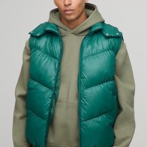 Regular Fit Sheen Panelled Hooded Funnel Puffer Gilet