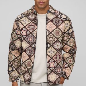 Long Sleeve Zip Through Diamond Tapestry Overshirt