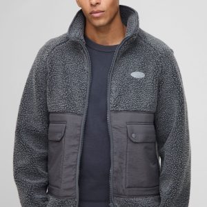 Regular Fit Two Tone Borg Nylon Mix Funnel Neck Zip Through Jacket