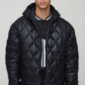Tall Oversized Boxy High Shine Quilted Hooded Funnel Puffer Jacket