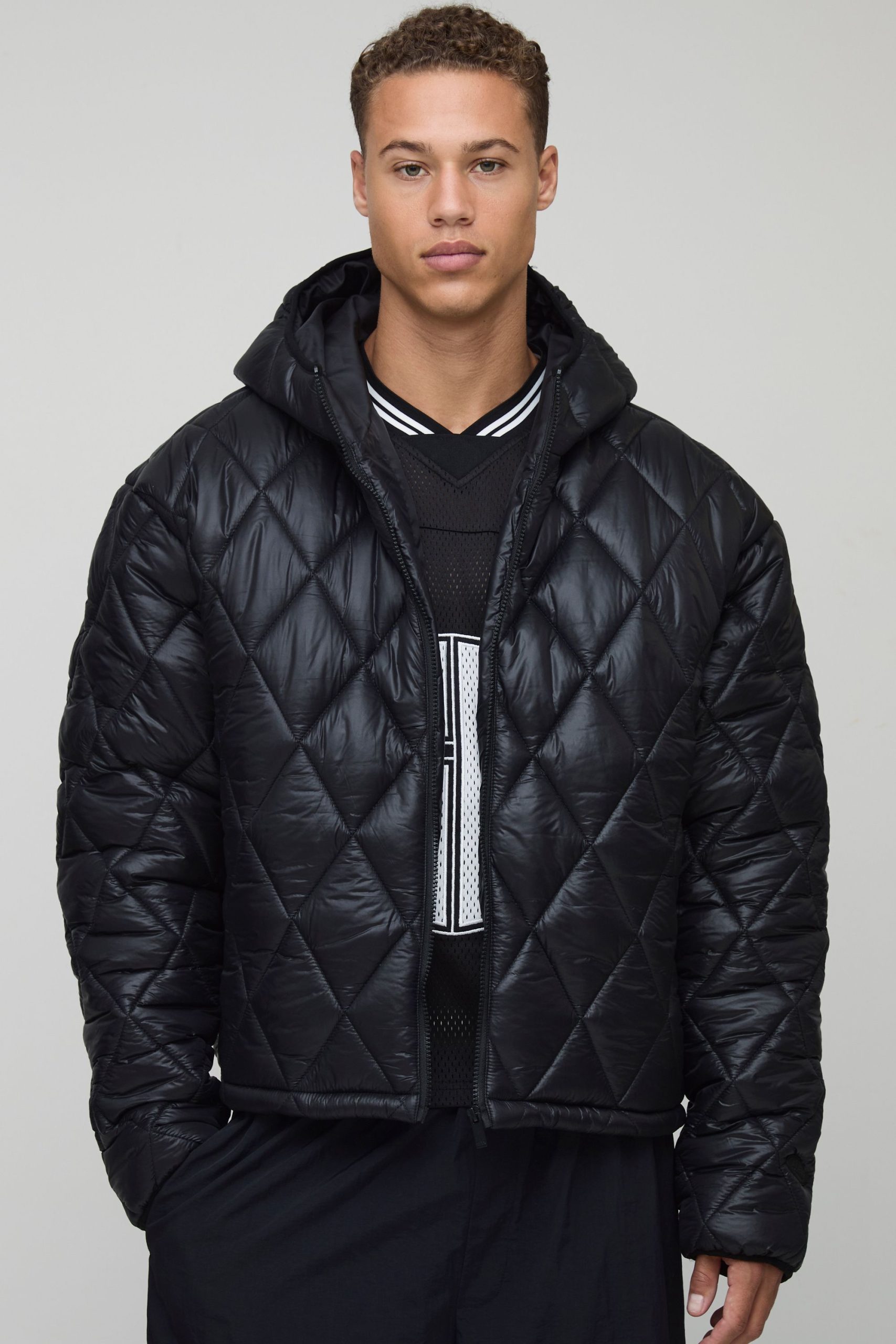 Tall Oversized Boxy High Shine Quilted Hooded Funnel Puffer Jacket