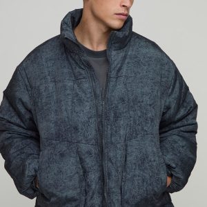 Oversized Boxy Fit Washed Nylon Padded Funnel Neck Puffer Jacket