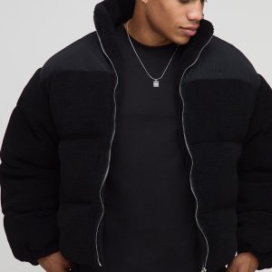 Boxy Fit Borg Nylon Mix Funnel Neck Puffer Jacket