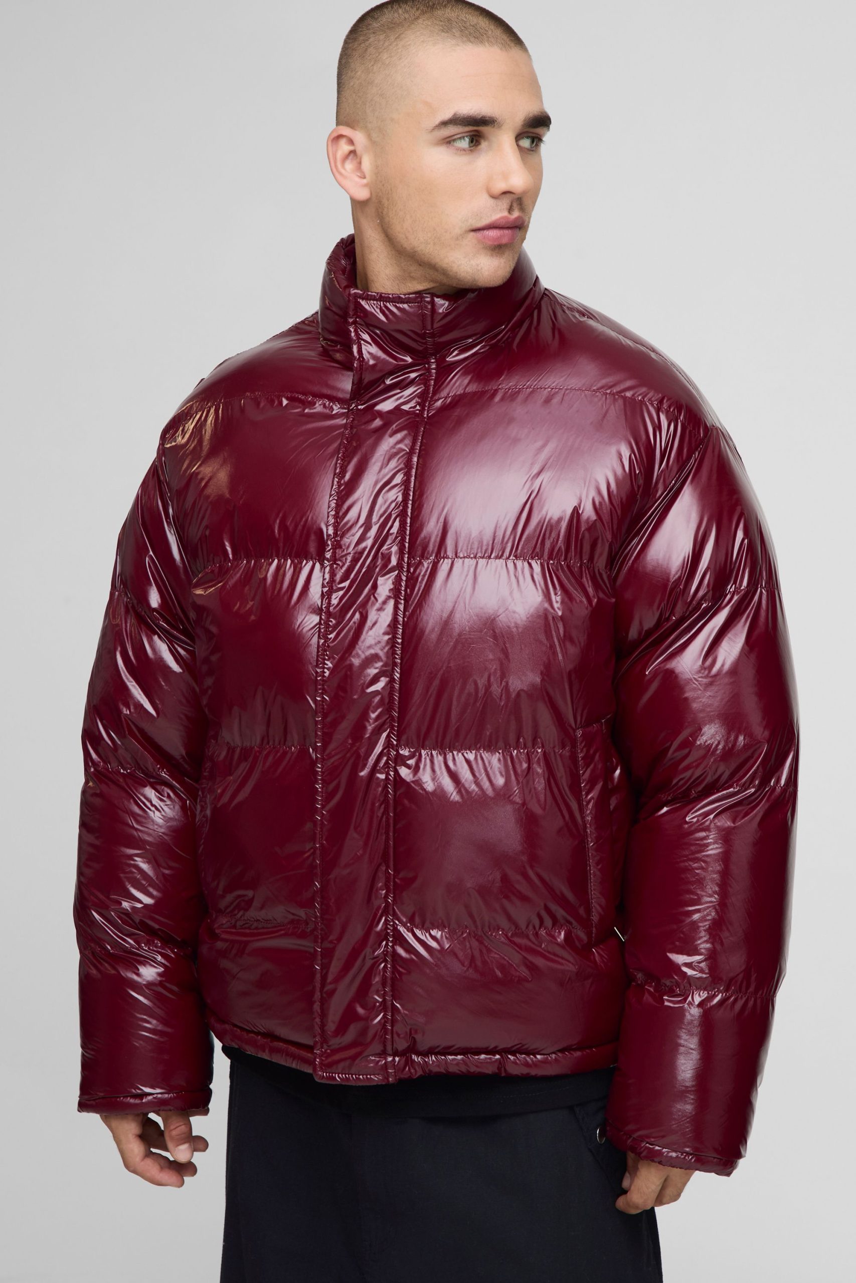 Regular Fit Reversible Mix Fabric Panelled Funnel Neck Puffer Jacket