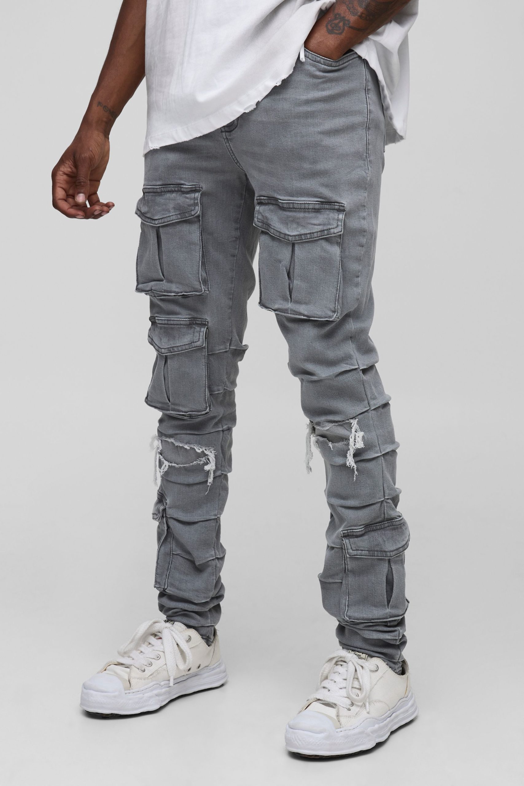 Tall Ruched Rip & Repair Ice Wash Cargo Skinny Jeans