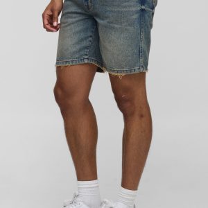 Straight Fit Dirty Wash Tinted Denim Shorts