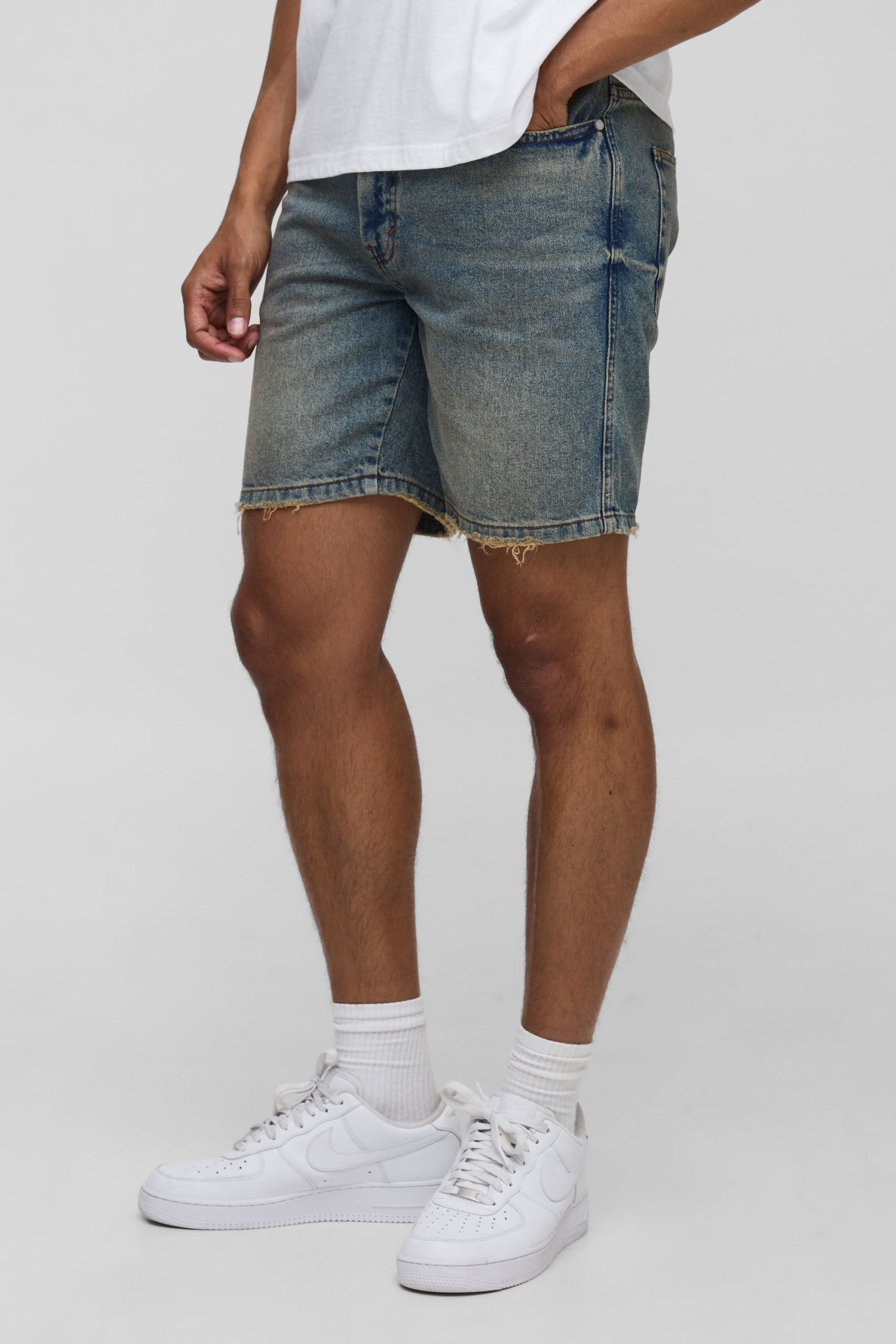 Straight Fit Dirty Wash Tinted Denim Shorts