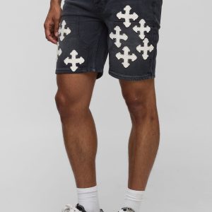 Straight Fit Cross Applique Carpenter Denim Shorts