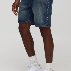 Slim Fit Antique Blue Star Studded Denim Shorts
