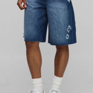 Baggy Fit Ripped Washed Denim Shorts