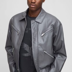 Boxy Fit Zip Detail PU Collared Bomber Jacket