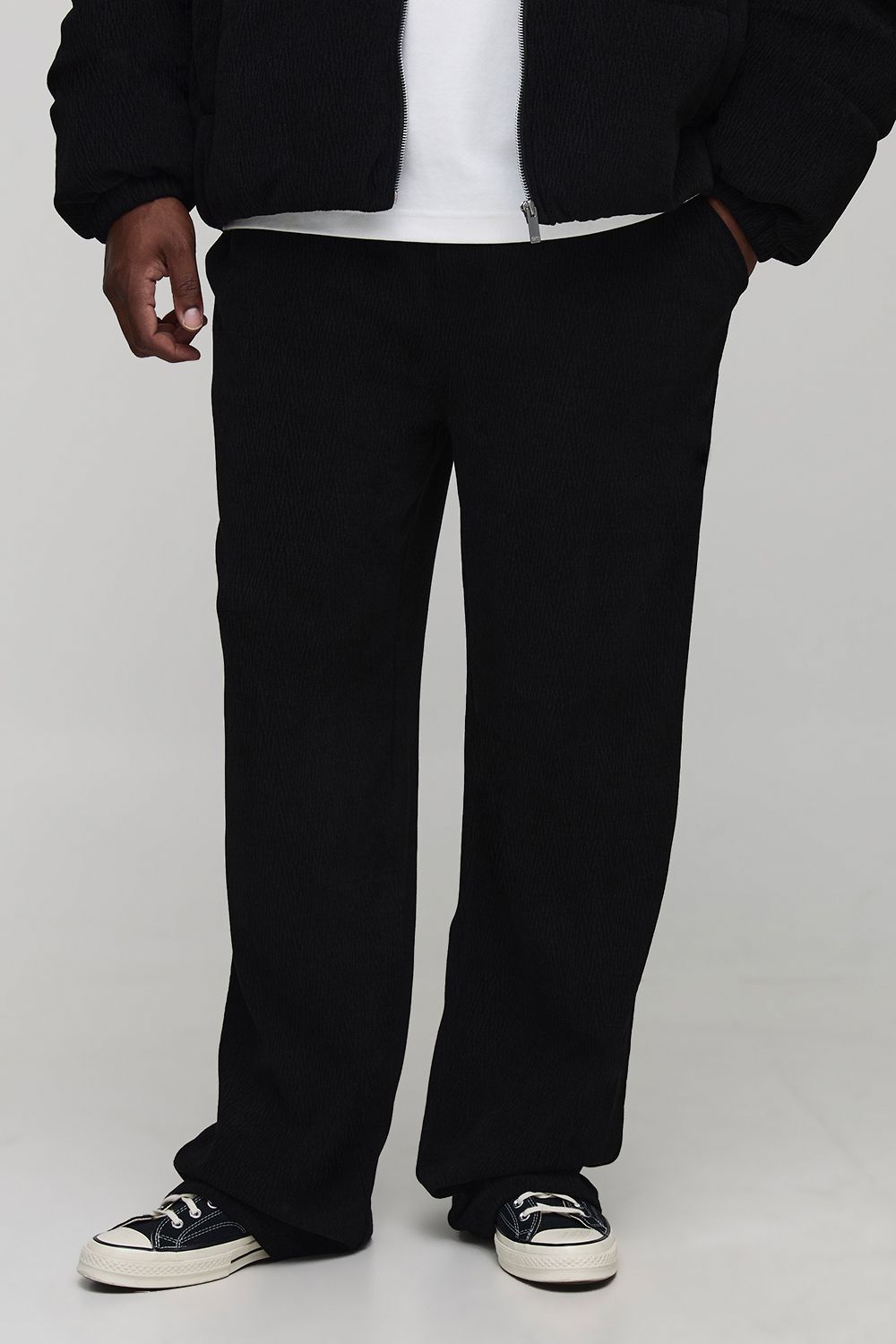 Plus Relaxed Fit Textured Faux Suede Stacked Trousers
