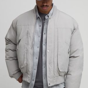 Oversized Seam Detail Peached Nylon Bomber Jacket