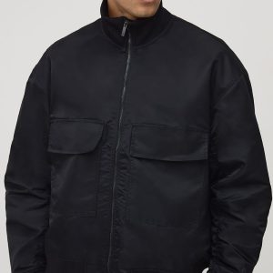 Oversized Fit Chunky Rib Funnel Neck Bomber Jacket