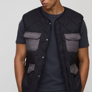 Regular Fit Collarless Quilted Ripstop Colour Block Gilet