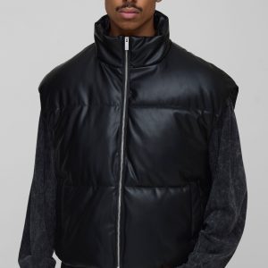 Boxy Fit Curved Hem PU Puffer Gilet