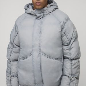 Oversized Fit Ruched Sleeve Panelled Puffer Jacket