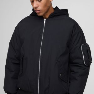 Oversized Fit PU Applique Nylon Hooded Bomber Jacket