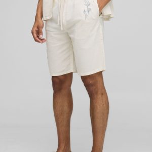 Elasticated Waist Straight Fit Floral Emboridery Linen Shorts