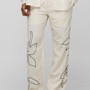 Elasticated Waist Relaxed Fit Embroidery Linen Blend Trousers