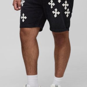Plus Straight Fit Cross Applique Carpenter Denim Shorts