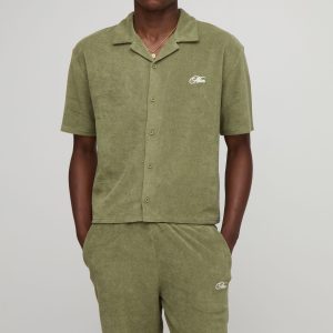 Oversized Boxy Revere Man Embroidered Towelling Shirt & Short Set