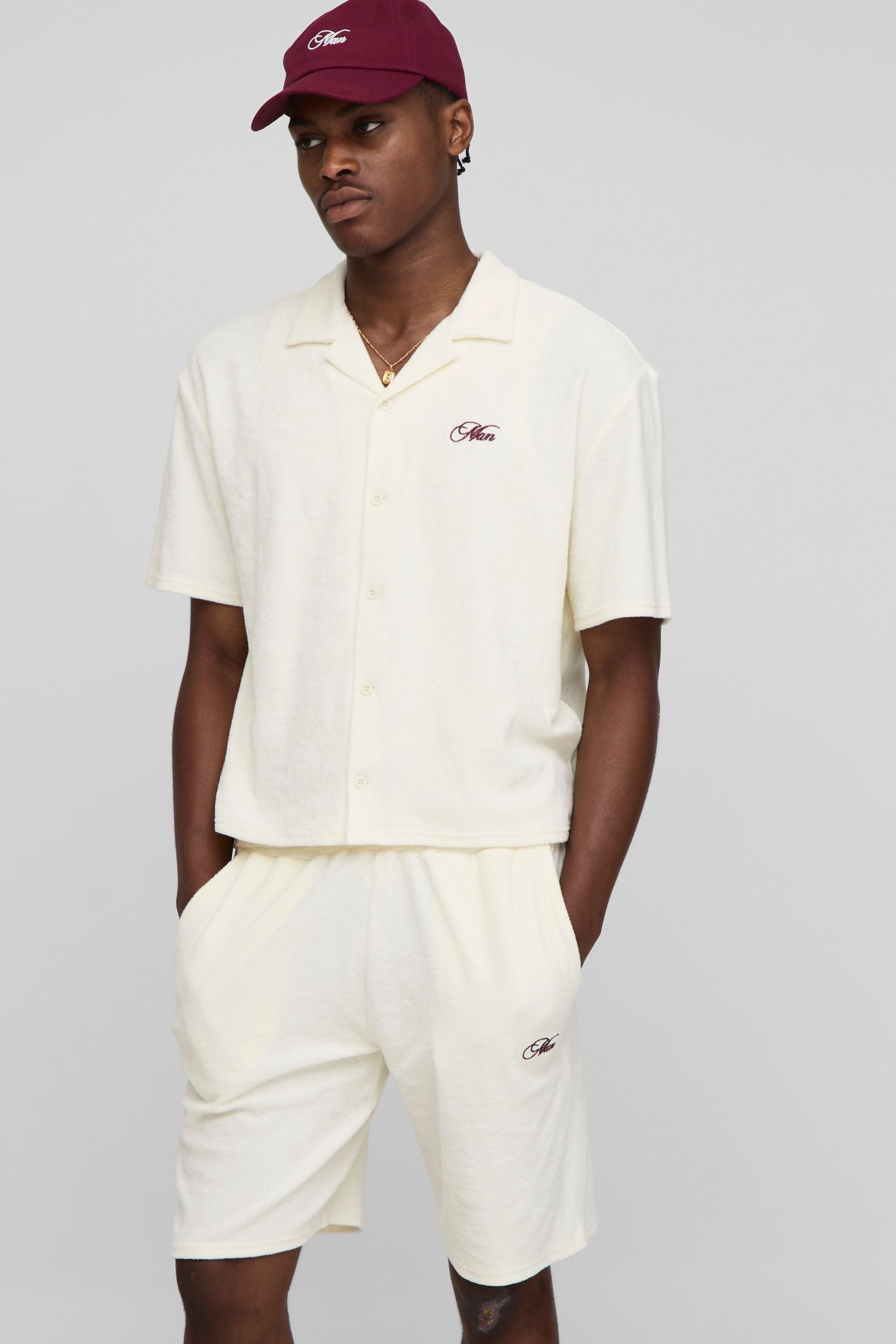 Oversized Boxy Revere Man Embroidered Towelling Shirt & Short Set