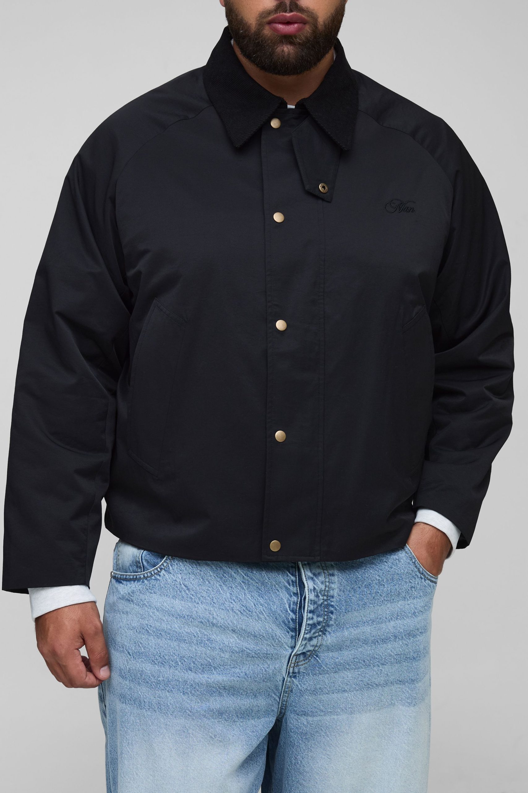 Plus Boxy Cord Collar Embroidered Worker Jacket