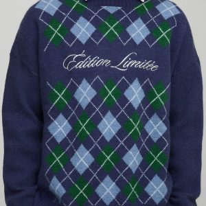 Boxy Embroidered Diamond Argyle Knitted Jumper