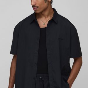 Oversized Concealed Placket Crinkle Short Sleeve Shirt