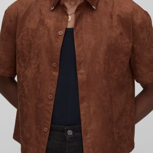 Oversized Boxy Faux Suede Western Collar Tip Shirt