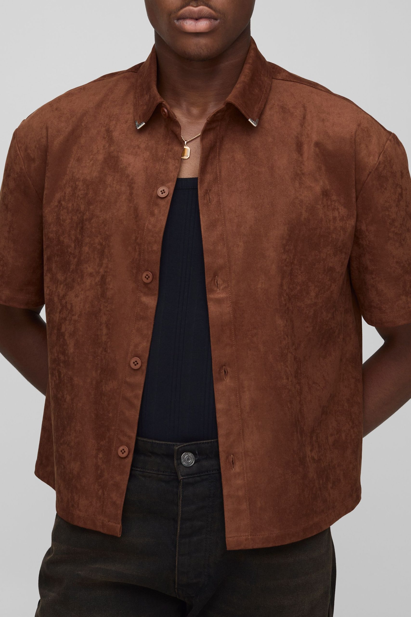 Oversized Boxy Faux Suede Western Collar Tip Shirt