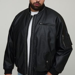 Plus Leather Look Double Zip Oversized MA1 Bomber Jacket