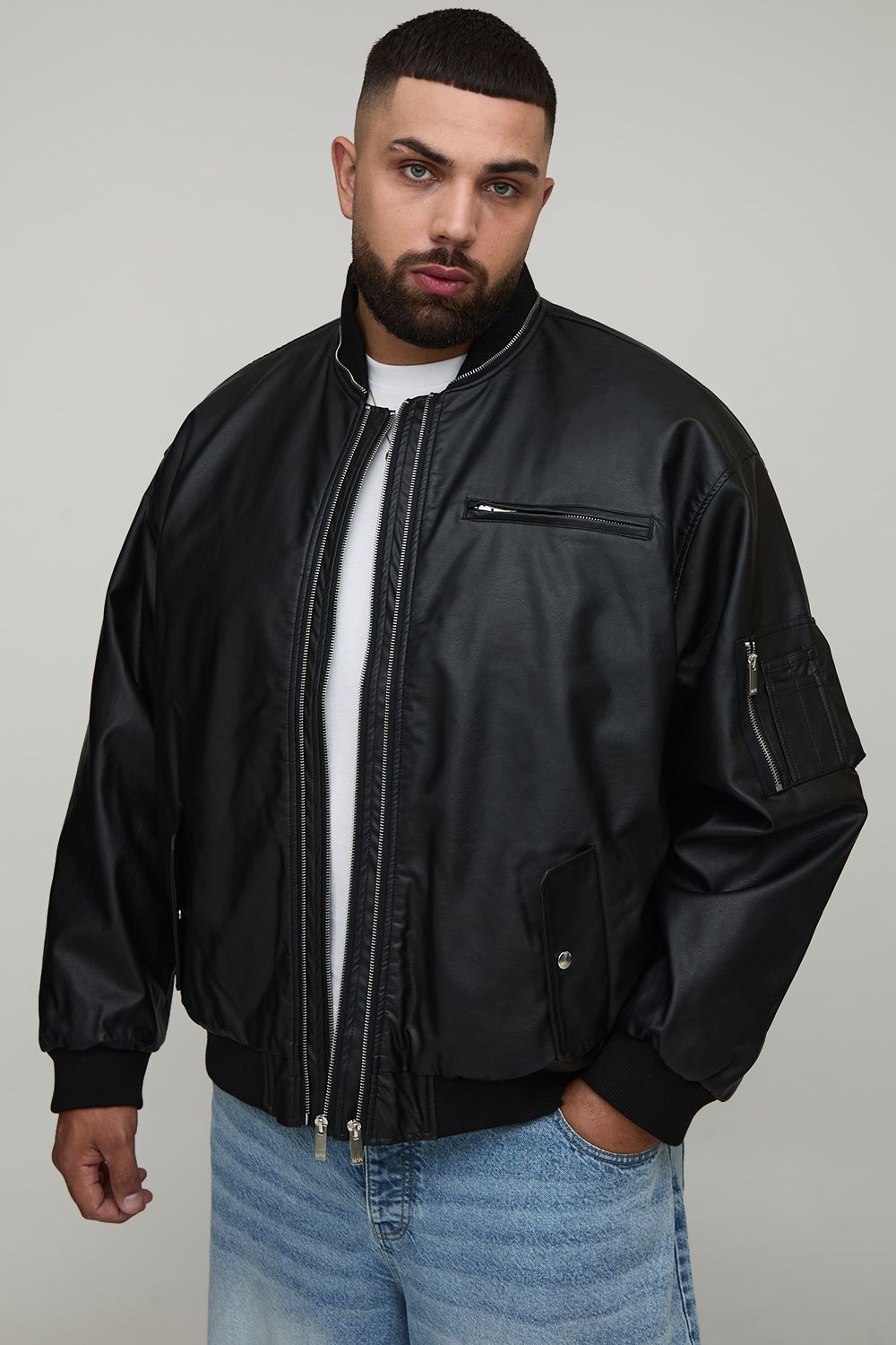 Plus Leather Look Double Zip Oversized MA1 Bomber Jacket