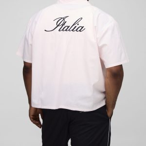 Plus Oversized Boxy Stripe Italia Embroidered Revere Shirt and Relaxed Short Set