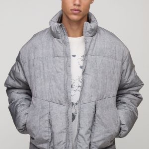 Tall Oversized Fit Washed Nylon Padded Funnel Neck Puffer Jacket