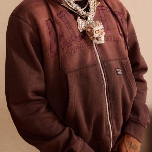 Stone Boxy Zip Through Spray Wash Embroidered Hoodie