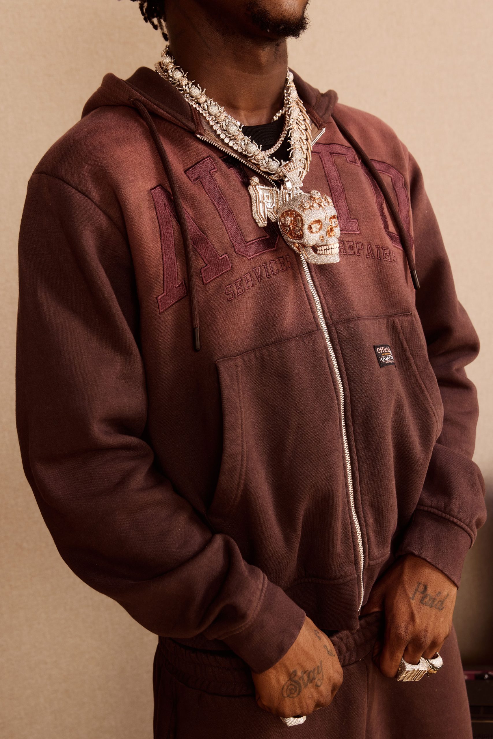 Stone Boxy Zip Through Spray Wash Embroidered Hoodie