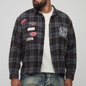 Plus Oversized Boxy Badge Detail Distressed Acid Wash Checked Shirt