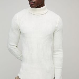 Muscle Fit Ribbed Roll Neck Knitted Jumper