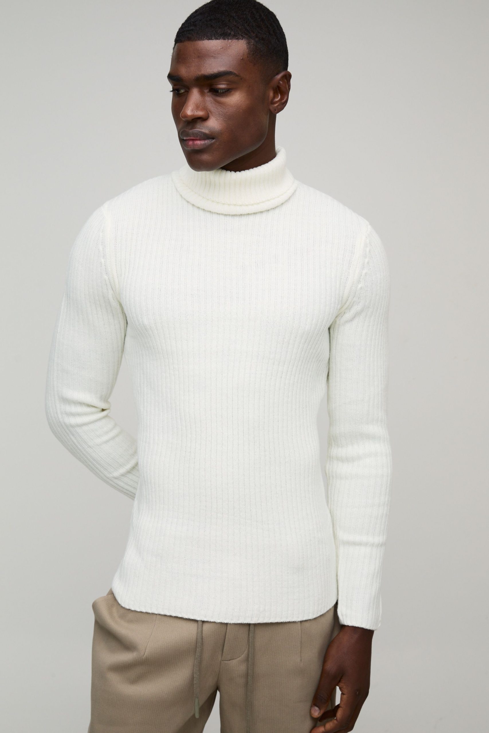 Muscle Fit Ribbed Roll Neck Knitted Jumper