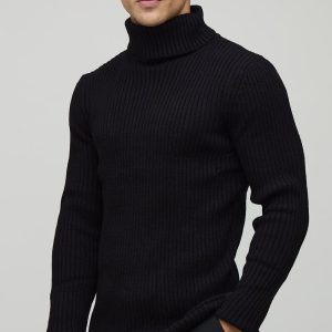 Muscle Fit Ribbed Roll Neck Knitted Jumper