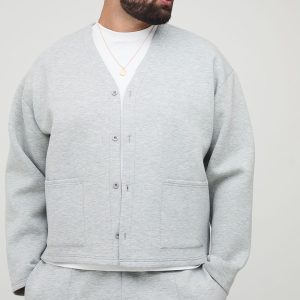 Plus Scuba Marl Embroidered Boxy Oversized Cardigan