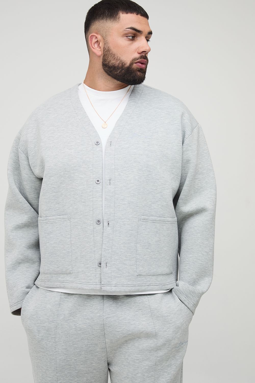Plus Scuba Marl Embroidered Boxy Oversized Cardigan
