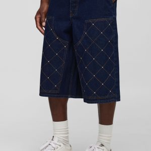 Rhinestone Carpenter Rigid Denim Longline Jorts