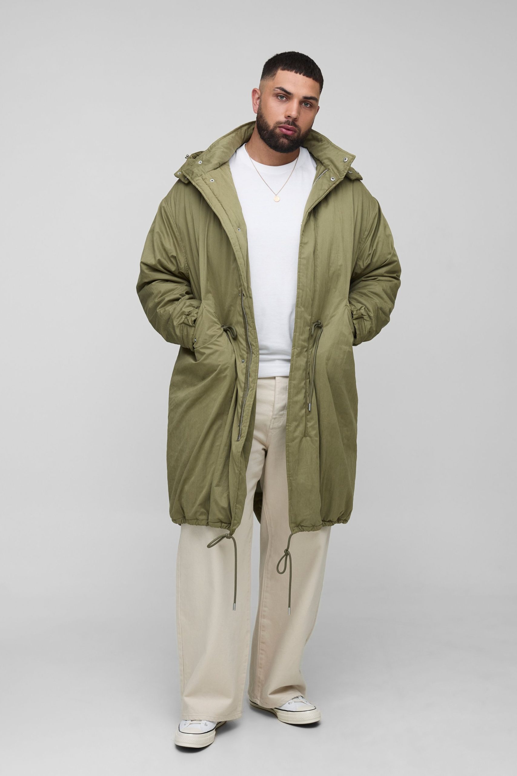 Plus Regular Fit Peached Nylon Funnel Neck Mid Length Parka Jacket
