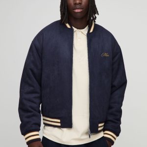 Boxy Fit Faux Suede Chunky Rib Embroidered Bomber Jacket