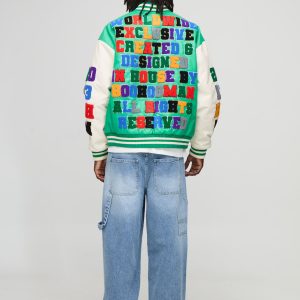 Boxy Fit Letter Badge Official Applique PU Varsity Bomber Jacket