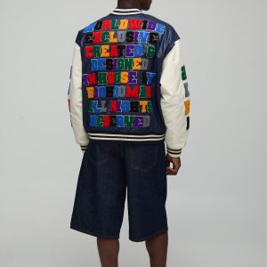 Oversized Boxy Fit Letter Badge Official Applique PU Varsity Bomber Jacket