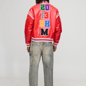 Boxy Fit Letter Badge Applique PU Varsity Bomber Jacket